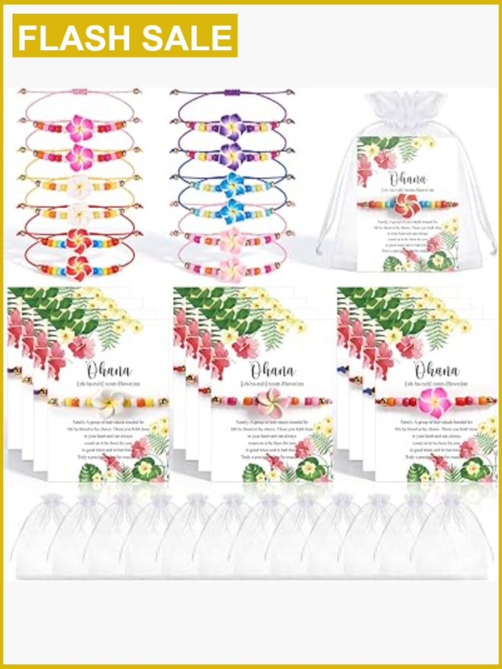 6 Pack Hawaiian Stretch Bracelets with Gift Cards and Bags, Adjustable, Luau